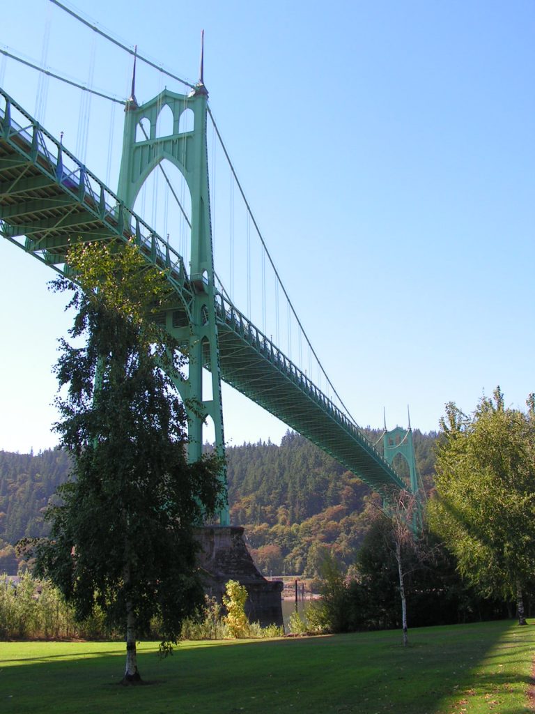 The St. Johns Bridge over Cathedral Park, Portland, OR